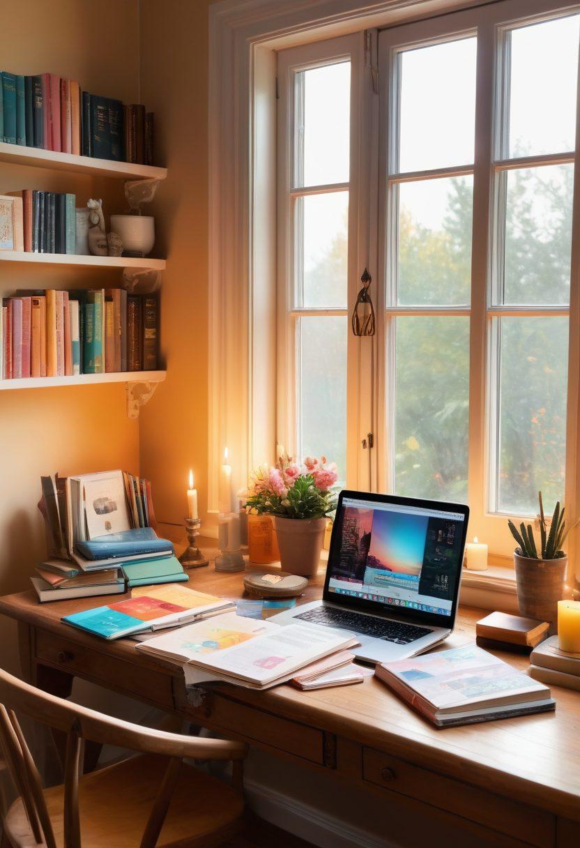 A serene digital workspace featuring a beautifully arranged desk with a laptop open to a colorful blog interface, surrounded by inspirational books and candles, soft sunlight streaming through a window, symbolizing a journey of faith and devotion through blogging. painting. warm colors. natural lighting.