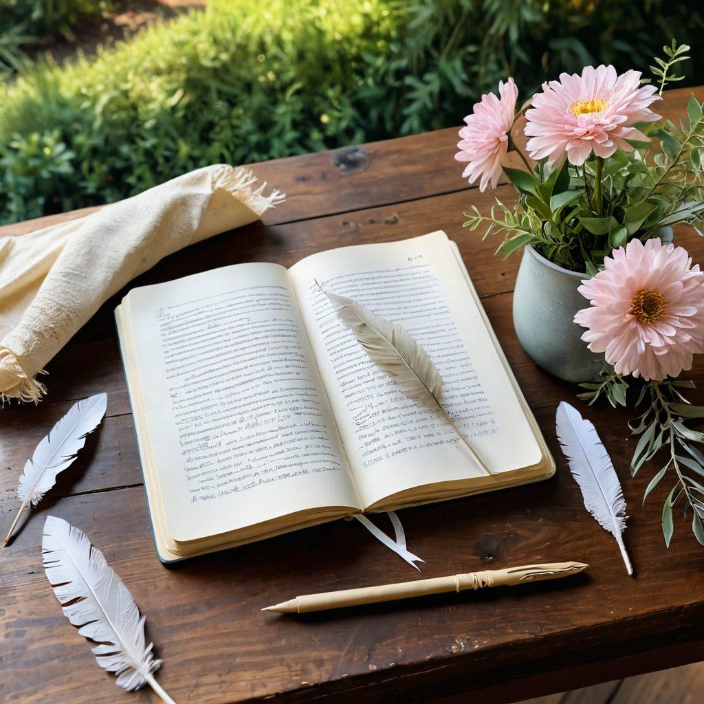 A serene landscape depicting a tranquil open notebook on a wooden table, surrounded by blooming flowers and soft sunlight filtering through gentle trees. The pages are filled with handwritten thoughts of mercy and inspiration, while a feather quill rests beside it. A soft, ethereal glow emanates from the notebook, symbolizing grace in the act of blogging. watercolor painting. soft pastel colors. warm and inviting atmosphere.