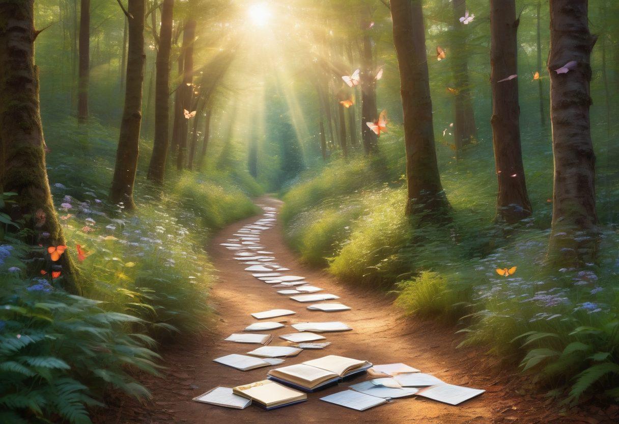 A winding path through a serene forest, with various personalized journals and pens scattered along the way, symbolizing a journey of self-discovery. Soft sunlight filters through the trees, casting a warm glow. Include ethereal butterflies and blooming flowers to represent grace and inspiration. Mystical quote bubbles emerging from the journals, conveying inspiring messages. painting. vibrant colors.
